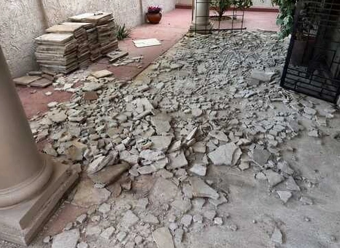 Concrete debris in a residential courtyard