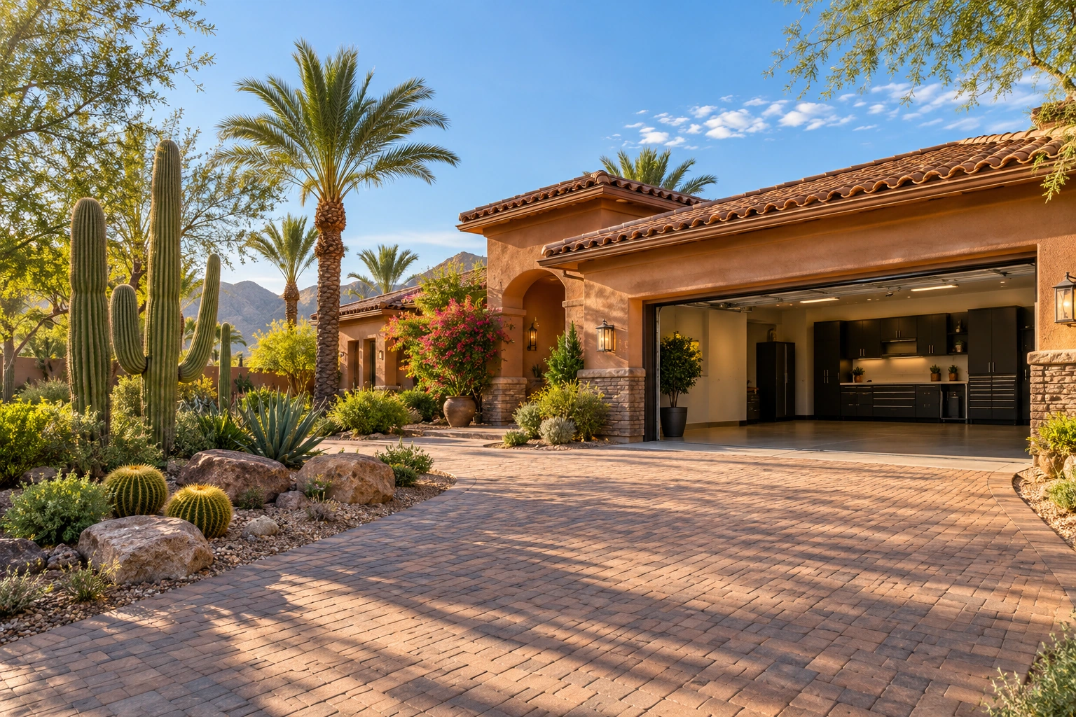 Open Arizona courtyard and garage with desert landscaping
