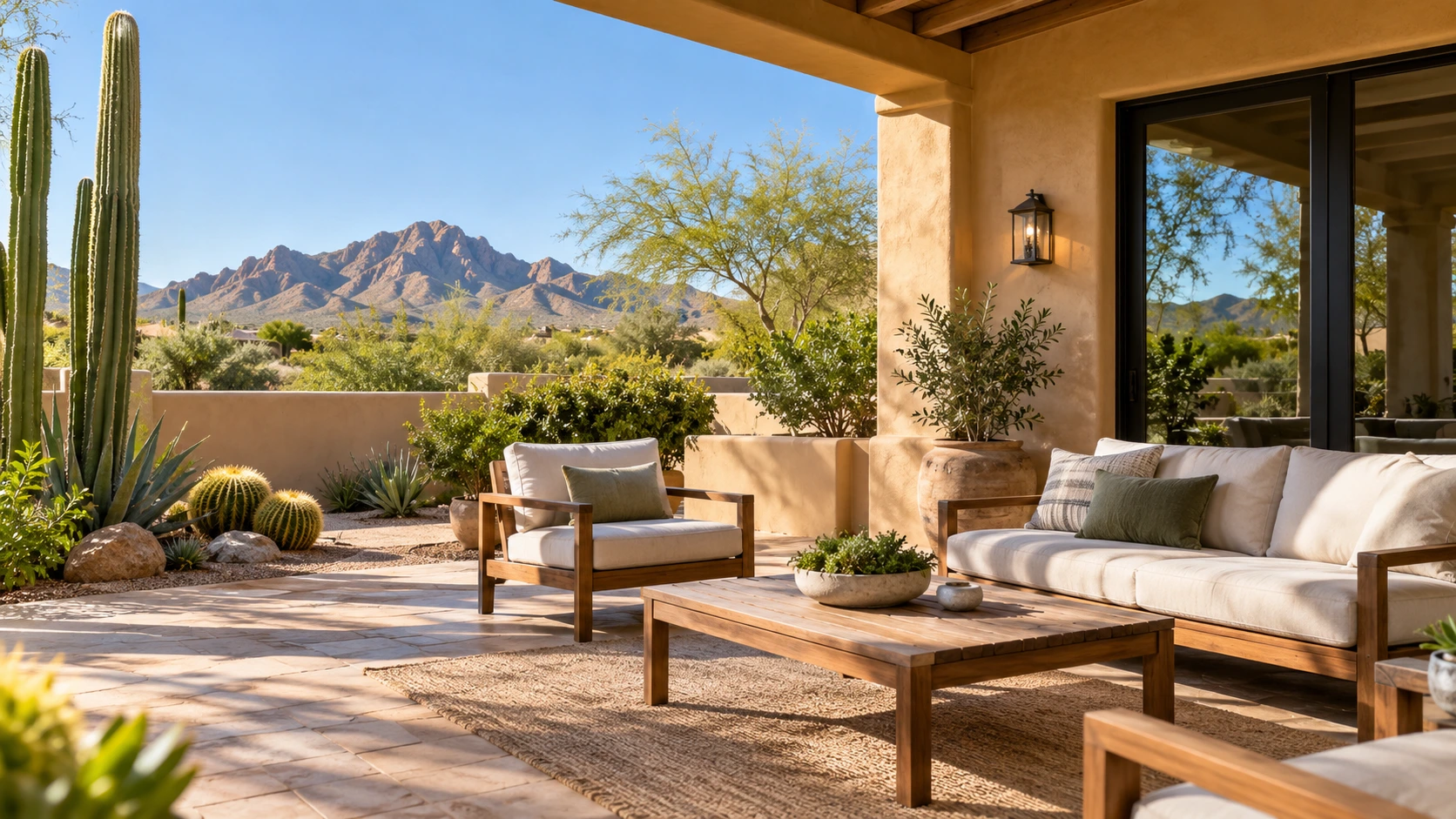 Sunlit Arizona patio with outdoor furniture and desert plants