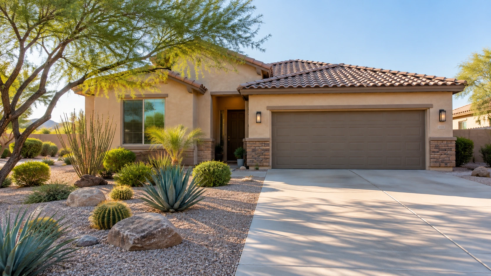 Tidy Arizona residential driveway and stucco house exterior